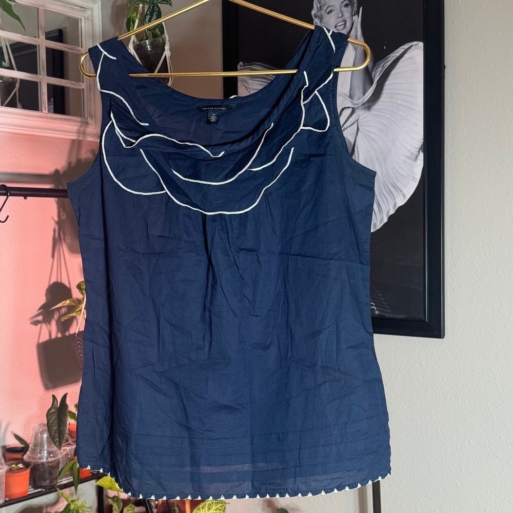 Tommy Hilfiger Tank Top Womens Medium Navy Ruffle Neck Contrast Stitch Nautical - Picture 2 of 6